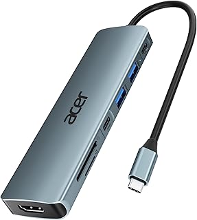 USB-концентратор Acer USB C, многопортовый адаптер USB C 7-в-1 для ноутбука, разветвитель USB C 4K на HDMI с двумя портами USB A 3.1 и Type-C для передачи данных, портом зарядки PD 100 Вт, устройством чтения SD-карт для компьютера, настольного компьютера и многого другого.