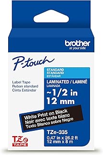 Оригинальная этикеточная лента Brother P-Touch TZe белого цвета с черными полосами (TZe335), ламинированная, 1/2 дюйма x 26,2 фута (12 мм x 8 м), подходит для некоторых моделей этикеточных принтеров P-Touch, прочная, водостойкая, для использования внутри и снаружи помещений.