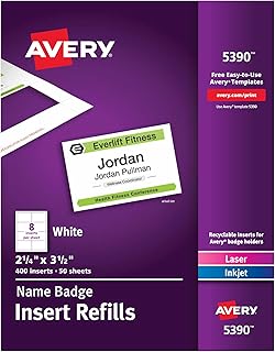 Вставки для именных бейджей Avery с возможностью персонализации, 2,25" x 3,5", белые, 400 вставок для печати именных бейджей (5390)