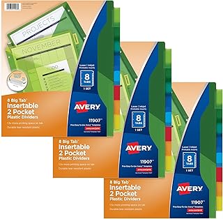 Разделители Avery для папок с 3 кольцами, наборы из 8 вкладок, пластиковые разделители для папок с двумя карманами и вкладками, разноцветные, 3 набора (71907)