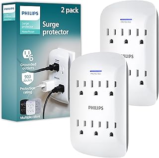 Удлинитель розетки Philips с защитой от перенапряжения на 6 розеток, 2 шт., настенный разъем, 900 Джоулей, 3-контактная вилка, компактный дизайн, светодиодный индикатор защиты, сертифицирован ETL, белый, SPP3466WA/37
