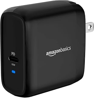 Настенное зарядное устройство Amazon Basics 65 Вт с одним портом GaN и разъемом USB-C, поддержкой Power Delivery PD, складной вилкой, для ноутбуков, планшетов и телефонов, черное.