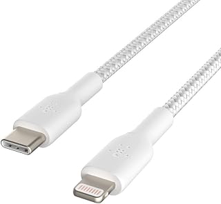 Кабель Belkin BoostCharge в нейлоновой оплетке USB C — Lightning, 2 м (6,6 фута/2 м) — сертифицирован MFi, обеспечивает подачу питания 18 Вт для iPhone — кабель Apple USB C для быстрой зарядки iPhone 14, iPhone 13 — белый