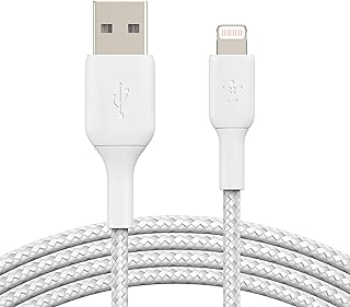 Кабель Belkin BoostCharge в оплетке Lightning — 2 метра (6,6 фута/2 м) — сертифицированный MFi кабель USB-Lightning для зарядки iPhone — кабель для iPhone — зарядное устройство для iPhone — зарядное устройство Apple — USB-зарядное устройство для телефона — белый