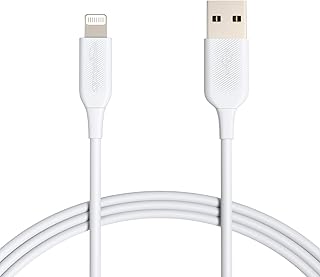 Комплект из двух прочных зарядных кабелей Amazon Basics USB-A — Lightning из ABS-пластика для быстрой зарядки, сертифицированных MFi для зарядки Apple iPhone, iPhone 14, 13, 12, 11, X, Xs Pro, Pro Max, Plus, iPad, длина 1,8 метра, белый.