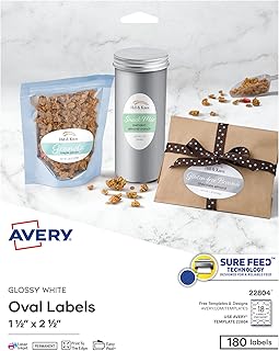 Набор овальных этикеток Avery для печати, 1,5 x 2,5 дюйма, глянцево-белые, 180 этикеток с возможностью персонализации (22804)