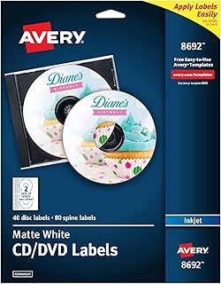 Наклейки для компакт-дисков Avery, матово-белые, с постоянным клеем для струйных принтеров, в комплекте 40 наклеек для компакт-дисков и 80 наклеек для корешков (8692)