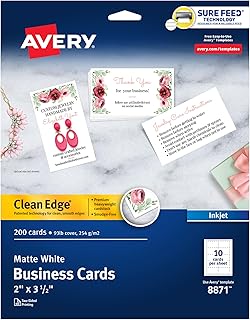 Визитки Avery Clean Edge для печати с технологией Sure Feed, 2" x 3,5", белые, 200 чистых карточек для струйных принтеров (08871)