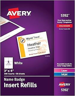 Вставки для именных бейджей Avery с возможностью персонализации, 3" x 4", белые, подходят для лазерной/струйной печати, всего 300 штук (5392)