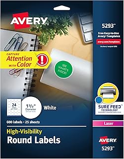 Круглые этикетки Avery с высокой видимостью, технология Sure Feed, диаметр 1-2/3 дюйма, белые, с возможностью индивидуальной настройки, подходят для лазерной печати, всего 600 штук (5293).