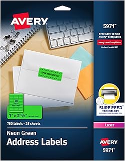 Адресные этикетки Avery для печати с системой автоматической подачи, 1" x 2-5/8", неоново-зеленые, 750 пустых почтовых этикеток (5971)