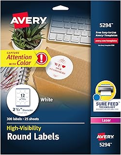 Круглые этикетки Avery с высокой видимостью и функцией автоматической подачи, диаметр 2,5 дюйма, белые, всего 300 настраиваемых пустых этикеток (5294).