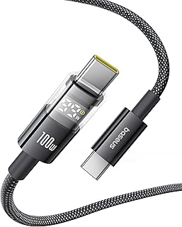 Кабель Baseus USB C, зарядное устройство USB C мощностью 100 Вт 5 А с LED-дисплеем, оплетка из нейлона и цинкового сплава, кабель USB C — USB C для iPhone 16/Pro/Plus/Pro Max, MacBook, iPad Pro, Galaxy S24/S23 (2 метра)