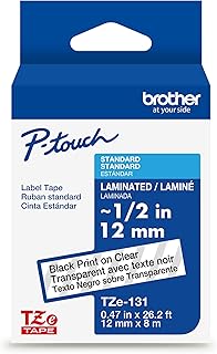 Оригинальная клейкая лента Brother P-Touch TZE-131, 1/2" (0,47"), стандартная ламинированная лента P-Touch, черная на прозрачном фоне, идеально подходит для использования внутри и снаружи помещений, водостойкая, 26,2 фута (8 м), в упаковке, TZe131