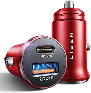 LISEN 2-Pack USB C Автомобильное зарядное устройство с быстрой зарядкой, 48 Вт, цельнометаллическое, для прикуривателя, USB-зарядное устройство для iPhone 15, самое маленькое встраиваемое автомобильное зарядное устройство USB C для iPhone 14 Pro Max 13 12 Galaxy S23/22 iPad Pro - красное