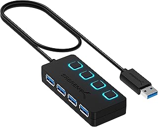USB 3.0-концентратор SABRENT с 4 портами и индивидуальными светодиодными индикаторами питания — тонкий, портативный дизайн — кабель длиной 60 см — быстрая передача данных — совместимость с Mac и ПК (HB-UM43)
