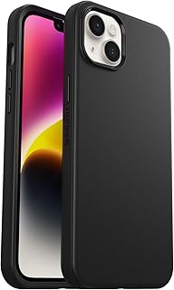 Чехол OtterBox Symmetry Series+ для iPhone 14 Plus — черный, ультратонкий, крепится к MagSafe, приподнятые края защищают камеру и экран.