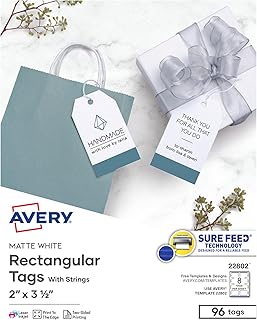 Набор пустых печатных бирок Avery, технология Sure Feed, 2" x 3,5", белый, 96 настраиваемых бирок, веревка в комплекте, отлично подходит для брендинга, подарков, мерчандайзинга и многого другого (22802)