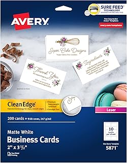 Визитки Avery Clean Edge Printable Business Cards с технологией Sure Feed, 2" x 3.5", белые, 200 чистых карточек для лазерных принтеров (5871)