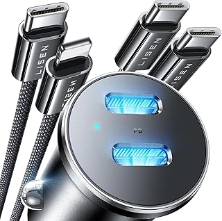 Автомобильное зарядное устройство LISEN 90 Вт USB C с быстрой зарядкой, двумя портами быстрой зарядки PD 45 Вт, адаптер для прикуривателя, для iPhone 17X, сверхбыстрое автомобильное зарядное устройство USB C с 2 кабелями для iPhone 16 15 14 13 12 Pro Max