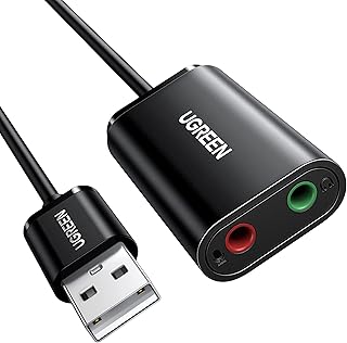 UGREEN USB-адаптер звуковой карты с двумя 3-контактными разъемами TRS 3,5 мм для наушников и микрофона, а также USB-конвертер Aux 3,5 мм для Windows, Mac, Linux, ПК, ноутбуков, настольных компьютеров, PS5 и Switch 2