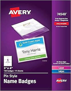 Персонализируемые именные бейджи Avery, в виде значков, 3 x 4 дюйма, прозрачные держатели для именных табличек, белые вкладыши для лазерной/струйной печати, всего 100 штук (74540)