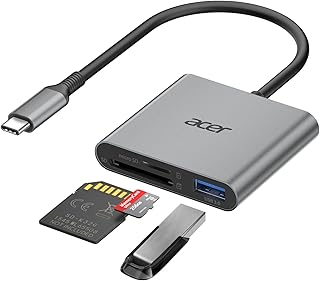 Устройство для чтения SD-карт Acer с разъемом USB-C, кардридер 3-в-1 с двумя слотами и USB 3.0, адаптер для карт Micro SD для iPhone 16/15, совместим с камерами, Android, MacBook Pro/Air, ноутбуками.