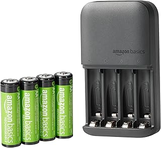 Зарядное устройство Amazon Basics на 4 отсека для перезаряжаемых батареек AA и AAA, включая никель-металлгидридные батарейки AA, 4 шт. (в упаковке 1 шт.), вилка типа A (американская), черное.