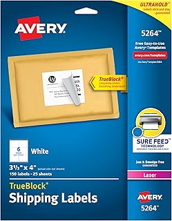 Набор для печати почтовых этикеток Avery с системой Sure Feed, 3-1/3" x 4", белый, 150 пустых этикеток (5264)