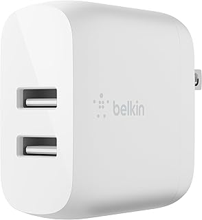 Зарядное устройство Belkin с двумя портами USB, 24 Вт — быстрая зарядка для iPhone — подходит для iPhone 16, 15, 14, iPad Pro, Samsung Galaxy S25, Nintendo Switch 2 и других устройств — кабель в комплект не входит.