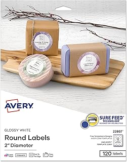 Круглые этикетки Avery для печати, технология Sure Feed, глянцевые белые этикетки, диаметр 2 дюйма, постоянный клей, для лазерной/струйной печати, всего 120 штук (22807)
