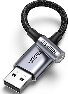 UGREEN USB-адаптер для подключения к аудиоразъему 3,5 мм, звуковой карте, микрофону, TRRS, наушникам, ЦАП, 24 бит 96 кГц, нейлоновая оплетка, USB-адаптер для подключения к AUX-разъему, совместим с Windows, Mac, Linux, PC, PS5, PS4, Switch, двумя колонками, 9,8 дюйма.