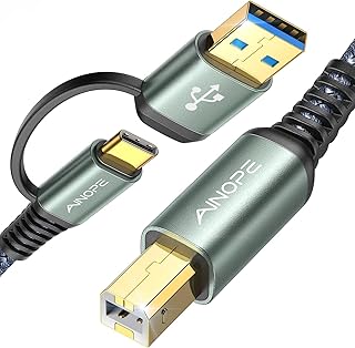 Кабель для принтера AINOPE, [2-в-1] Кабель USB B — USB C/A MIDI, высокоскоростной, в нейлоновой оплетке, для MacBook Pro, HP, Canon, Brother, Dell, Epson, Lexmark DAC, MIDI-клавиатуры, 6,6 фута, серый