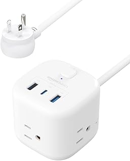 Удлинитель Amazon Basics Power Strip Cube с 3 розетками, 3 портами USB, 1 портом USB-C (15 Вт) и 2 портами USB-A (12 Вт), удлинительным кабелем длиной 1,5 м, для дома, офиса, путешествий, белый.