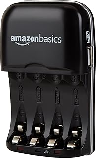 Зарядное устройство Amazon Basics для перезаряжаемых никель-металл-гидридных (NiMH) батарей типов AA и AAA с USB-портом для зарядки, черное.