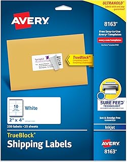 Транспортные этикетки Avery с технологией TrueBlock, 2 x 4 дюйма, белые, 250 этикеток (8163)