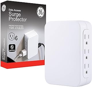 Удлинитель розеток GE Pro на 6 розеток, защита от перенапряжения, боковой доступ, адаптер для настенного подключения, 3-контактный, 1200 Джоулей, гарантия, сертифицирован UL, белый, 10353