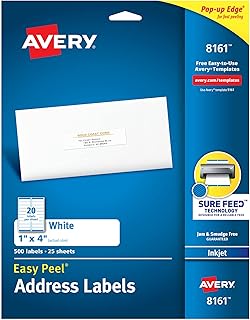 Адресные этикетки Avery Easy Peel с функцией Sure Feed, белые, 1" x 4", 500 пустых почтовых этикеток (08161)
