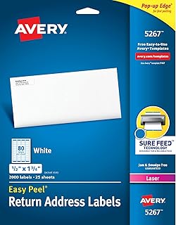 Наклейки для обратного адреса Avery с функцией автоматической подачи бумаги, 0,5" x 1,75", белые, 2000 пустых почтовых наклеек (05267)