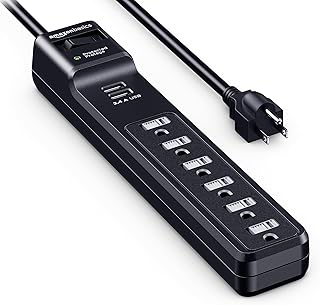 Сетевой фильтр-удлинитель Amazon Basics с 2 USB-портами, 6 розетками, защитой от перенапряжения 1000 Джоулей, прямоугольной формы, длиной шнура 1,8 м, черный.