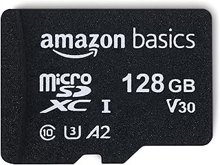 Карта памяти Amazon Basics Micro SDXC с полноразмерным адаптером, формат A2, U3, скорость чтения до 100 МБ/с, 128 ГБ, черная.