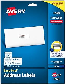 Адресные этикетки Avery Easy Peel с функцией автоматической подачи, размер 1" x 2-5/8", белые, 750 пустых почтовых этикеток, отлично подходят для отправки почты, доставки и многого другого (8160)