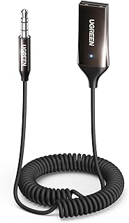 Адаптер UGREEN Aux-Bluetooth 5.4, 3,5-мм Bluetooth-приемник для автомобиля, комплект USB 2.0 на 3,5-мм разъем со встроенным микрофоном и AUX-входом для громкой связи, совместим с автомобильными динамиками и домашней аудиосистемой.