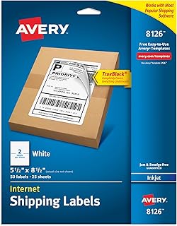 Набор этикеток для отправки Avery Half-Sheet Printable Shipping Labels, 5,5" x 8,5", белые, 50 пустых почтовых этикеток, отлично подходят для отправки, доставки, организации и многого другого (8126)