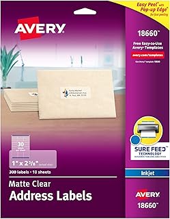 Адресные этикетки Avery для печати с системой Sure Feed, 1" x 2-5/8", матовые прозрачные, 300 пустых почтовых этикеток (18660)