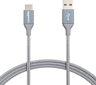 Кабель для быстрой зарядки Amazon Basics USB-C — USB-A 2.0, нейлоновая оплетка, скорость 480 Мбит/с, сертифицирован USB-IF, для Apple iPhone 16/15, iPad, Samsung Galaxy, планшетов, ноутбуков, 1,8 м, темно-серый.