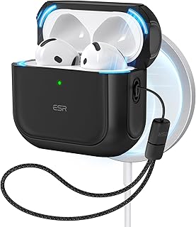 Чехол ESR для AirPods 4, совместимый с чехлом AirPods 4-го поколения (2024) (USB-C), совместимый с MagSafe, защитный чехол от падений с ремешком, магнитный замок крышки, серия Orbit Hybrid, черный.