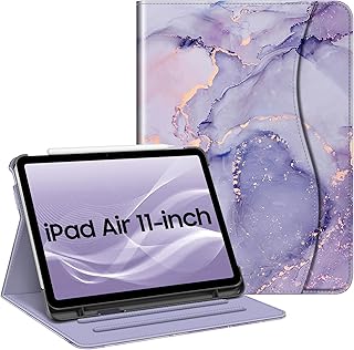 Чехол Fintie для iPad Air 11-дюймовый M3 (2025) / M2 (2024), iPad Air 5-го (2022) / 4-го поколения (2020) 10,9 дюймов, защитный чехол с возможностью регулировки угла наклона, держателем для стилуса и карманом, цвет «Сиреневый мрамор».