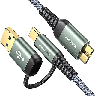 Кабель AINOPE 10 Гбит/с Micro B — USB C для внешнего жесткого диска, 4,8 м, нейлоновая оплетка, совместим с MacBook Pro/Air, планшетами/iPad, WD Seagate Toshiba Westgate, Samsung Galaxy S25