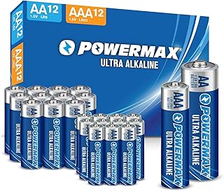 Набор из 24 щелочных батареек Powermax (12 батареек типа AA, 12 батареек типа AAA), сверхдолговечные батарейки для дома и офиса, срок хранения 10 лет, многоразовая упаковка.